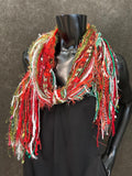 Christmas Color Fringie art yarn Scarf, red, green, lime, white pink glitzy yarns, secret Santa gift, ugly sweater