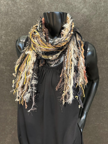 Art yarn Fringie Boho scarf in black and beige,  Bohemian or Indie yarn scarf, ribbon scarf, women gifts