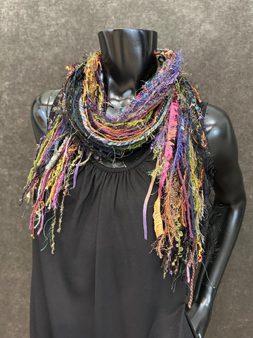 Art yarn scarf, Fringie in rainbow Jewel tones with beige, Fringe Scarf, Stevie nicks style, boho chic, funky scarf, hippie fashion