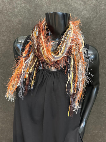 Lightweight handmade short scarf, Embers scarf, Fringie yarn scarf, Artsy fiber fringe scarf, ribbon scarf, boho accessory,  gray rust scarf