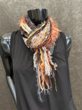 Lightweight handmade short scarf, Embers scarf, Fringie yarn scarf, Artsy fiber fringe scarf, ribbon scarf, boho accessory,  gray rust scarf