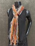 Lightweight handmade short scarf, Embers scarf, Fringie yarn scarf, Artsy fiber fringe scarf, ribbon scarf, boho accessory,  gray rust scarf