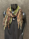 Fringie Yarn Scarf, black blue green luxury art yarn Scarf, boho fashion, short scarf