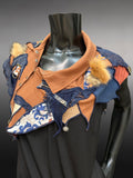 Upcycled couture capulet shoulder cover in blue rust, boho hippie art cowl, fantasy refashion clothing