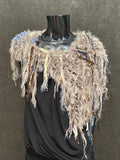 Knit Fur Taupe blue poncholette, Fringed shoulder wrap with faux fur, luxury fur knit capulet,