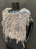 Knit Fur Taupe blue poncholette, Fringed shoulder wrap with faux fur, luxury fur knit capulet,