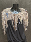 Knit Fur Taupe blue poncholette, Fringed shoulder wrap with faux fur, luxury fur knit capulet,