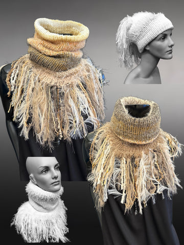 Cowl, ivory beige Knit Turtleneck Reversible Cowl with artsy fringe, neckwarmer, round scarf, yellow cowl, art fibers, head scarf, bohochic