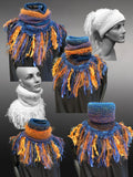 Cowl, blue orange Knit Turtleneck Reversible Cowl with artsy fringe, neckwarmer, round scarf, blue orange cowl, head scarf, bohochic