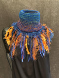 Cowl, blue orange Knit Turtleneck Reversible Cowl with artsy fringe, neckwarmer, round scarf, blue orange cowl, head scarf, bohochic