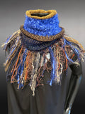 Cowl, blue brown Knit Turtleneck Reversible Cowl with artsy fringe, neckwarmer, round scarf, navy cowl, art fibers, head scarf, bohochic