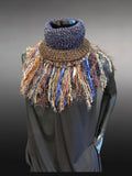 Cowl, blue brown Knit Turtleneck Reversible Cowl with artsy fringe, neckwarmer, round scarf, navy cowl, art fibers, head scarf, bohochic