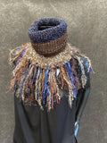 Cowl, blue brown Knit Turtleneck Reversible Cowl with artsy fringe, neckwarmer, round scarf, navy cowl, art fibers, head scarf, bohochic