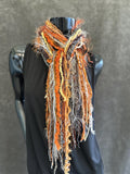 Fringie Yarn Scarf, Gray Rust Tan handmade Scarf, boho fashion scarf