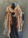 Fringie Yarn Scarf, Gray Rust Tan handmade Scarf, boho fashion scarf