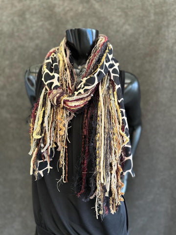 Fringie scarf in burgundy beige shades with giraffe print, bohemian style, boho chic