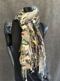 Fringe scrappy scarf, camouflage print sage beige scarf, city print, Handmade Boho Scarf, funky indie clothing, women gifts