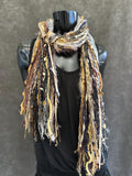 Unique handmade yarn Fringie scarf, gray rust wrap scarf, Leopard boho fiber scarf, ribbon necklace, boho accessory, beige gray scarves