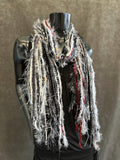 Fringie Yarn Scarf, Gray Maroon burgundy handmade boho style Scarf