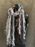 Fringie Yarn Scarf, Gray Maroon burgundy handmade boho style Scarf