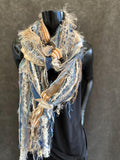 Bohemian handmade long Boho  blue tan cream Scarf, Shreds Fringie yarn scarf, Whimsical fiber fringe scarf, tribal scarves, eco refashion