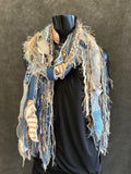 Bohemian handmade long Boho  blue tan cream Scarf, Shreds Fringie yarn scarf, Whimsical fiber fringe scarf, tribal scarves, eco refashion