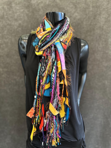 Pop culture vibrant color rainbow Boho fabric plus art yarn Scarf, street style scarf