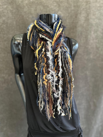 Handmade bohemian style art scarf, Fringie scarf in blue beige black