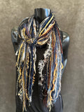 Handmade bohemian style art scarf, Fringie scarf in blue beige black