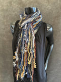 Handmade bohemian style art scarf, Fringie scarf in blue beige black