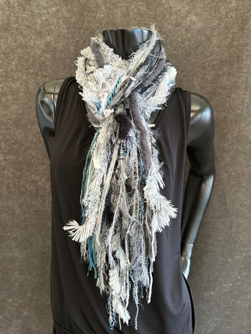 Fringie Yarn Scarf, gray aqua teal black boho style Scarf