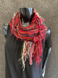 Fringie scarf in red black gray, Fringe Scarf, Handmade art yarn scarf, art yarn, bohemian, boho chic, ribbon scarf