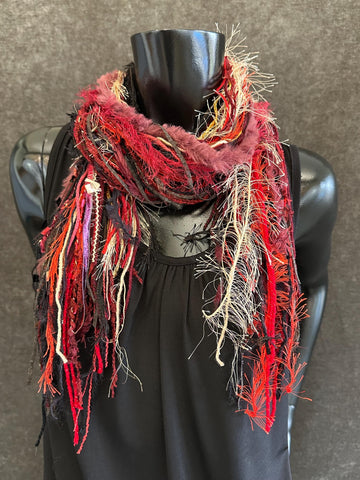 Fringie scarf in red purple gold, Fringe Scarf, art yarn, bohemian, boho chic