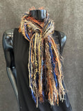 Handmade bohemian style art scarf, Fringie scarf in blue rust tan