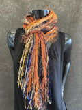 Handmade bohemian style art scarf, Fringie scarf in blue rust tan