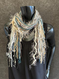 Bohemian style Fringe Scarf in ivory tan aqua funky petite scarf