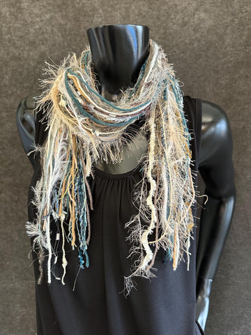 Bohemian style Fringe Scarf in ivory tan aqua funky petite scarf