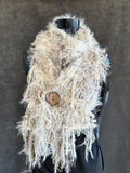 Hand Knit tan beige fluffy scarf with oversized button, Fur Art Scarf