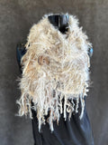 Hand Knit tan beige fluffy scarf with oversized button, Fur Art Scarf