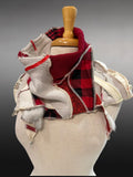 Upcycled couture neck cowl scarf in red black gold, boho chic post apocalyptic, plaid neckwarmer, deconstruct clothing