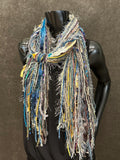 Fringie Yarn Scarf, Ribbon Fringe Scarf, Fringie in aqua beige yellow, funky messy scarf