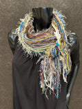 Fringie Yarn Scarf, Ribbon Fringe Scarf, Fringie in aqua beige yellow, funky messy scarf