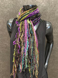 Fringie scarf in purple green black, women gift, boho accessory, vibrant color scarf