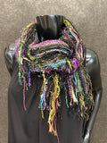 Fringie scarf in purple green black, women gift, boho accessory, vibrant color scarf