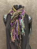 Fringie scarf in purple green black, women gift, boho accessory, vibrant color scarf