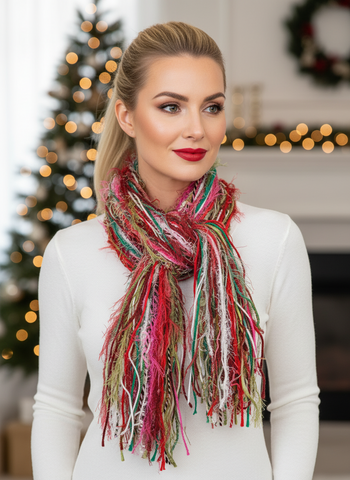 Christmas Color Fringie art yarn Scarf, red, green, lime, white pink glitzy yarns, secret Santa gift, ugly sweater