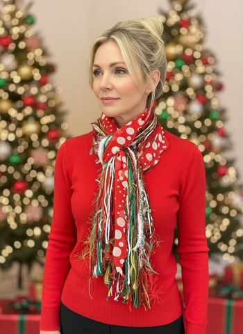 Christmas Scarf, Grinch Fringie, Christmas color red, green red and white with polka dots and lime green, fashion scarf for Christmas, dots