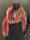 Christmas Color Fringie art yarn Scarf, red, green, lime, white pink glitzy yarns, secret Santa gift, ugly sweater