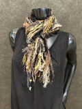 Art yarn Fringie Boho scarf in black and beige,  Bohemian or Indie yarn scarf, ribbon scarf, women gifts