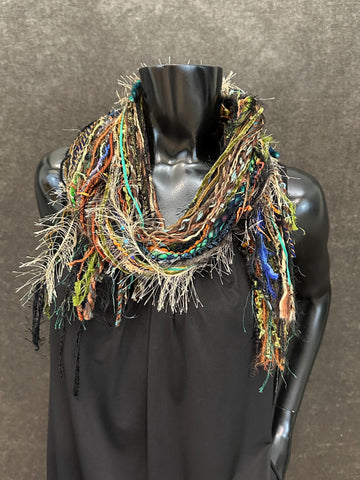 Fringie Yarn Scarf, black blue green luxury art yarn Scarf, boho fashion scarf